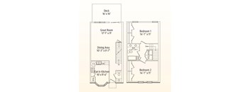 A floor plan of a small apartment with a deck, two bedrooms, a dining area, a great room, and an eat-in kitchen.