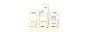 A floor plan of a house with a garage, living area, kitchen, and two bedrooms.
