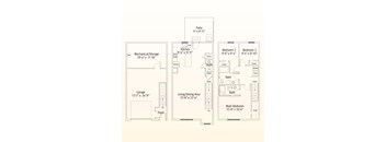 A floor plan of a house with a garage, kitchen, living area, and three bedrooms.