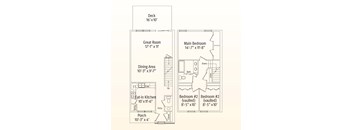 A floor plan of a house with a deck, two bedrooms, a dining area, a great room, and an eat-in kitchen.