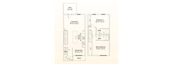 A floor plan of a house with a deck, two bedrooms, a living area, a dining area, a porch, a kitchen, and two bathrooms.