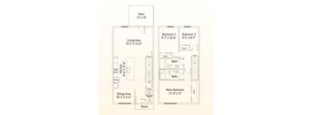 A floor plan of a house with a deck, two bedrooms, a living area, a dining area, a kitchen, a porch, and two bathrooms.