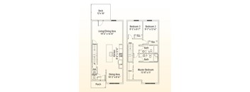 A floor plan of a small apartment with a deck, two bedrooms, a living/dining area, a kitchen, a porch, and a master bedroom.