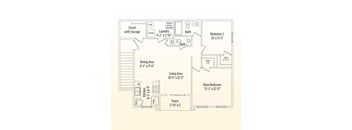 A floor plan of a house with a living area, dining area, kitchen, and three bedrooms.