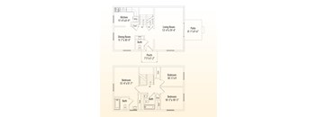 A floor plan of a house with a kitchen, dining room, living room, two bedrooms, a bathroom, and a porch.