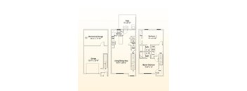 A floor plan of a house with a garage, living area, kitchen, and two bathrooms.