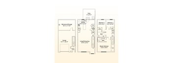 A floor plan of a house with a garage, a living area, a kitchen, a dining area, and three bedrooms.