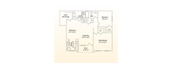 A floor plan of a house with a living area, dining area, kitchen, bathroom, and two bedrooms.