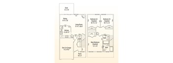 A floor plan of a house with a deck, living room, kitchen, dining area, and three bedrooms.
