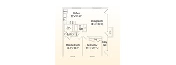A floor plan of a home with a kitchen, living room, two bathrooms, and two bedrooms.