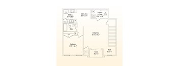 A floor plan of a house with a living area, bedroom, kitchen, and bath.