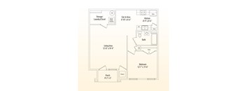 A floor plan of a small apartment with a living area, kitchen, bathroom, and bedroom.