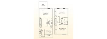 A floor plan shows a deck, two bathrooms, a kitchen, a dining area, a living area, and two bedrooms.