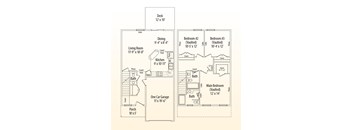 A floor plan of a house with a living room, dining room, kitchen, two bedrooms, a bathroom, and a porch.