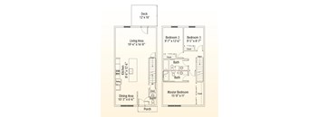 A floor plan of a house with a deck, living area, dining area, kitchen, two bedrooms, two bathrooms, and a porch.