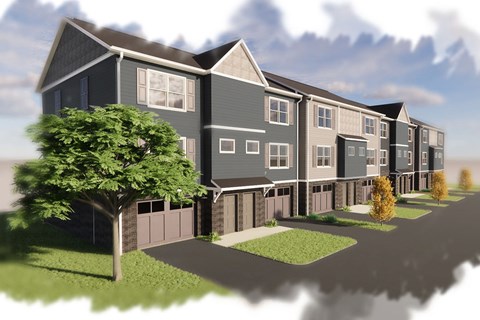 A row of townhouses with a tree in front of the first one.