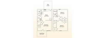 A floor plan of a house with a living room, kitchen, two bedrooms, a bathroom, and a patio.