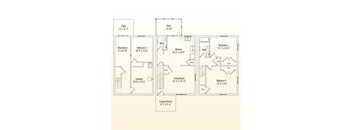 A floor plan of a house with a laundry room, three bedrooms, a bathroom, a kitchen, a mud room, a deck, and a covered porch.
