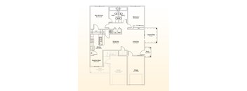 A floor plan of a house with a main bedroom, two bathrooms, a dining area, a kitchen, a breakfast nook, two garages, and a covered patio.