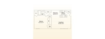A floor plan of a small apartment with a bedroom, living room, kitchen, and bath.