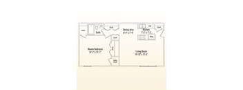 A floor plan of a small apartment with a master bedroom, living room, kitchen, and bath.