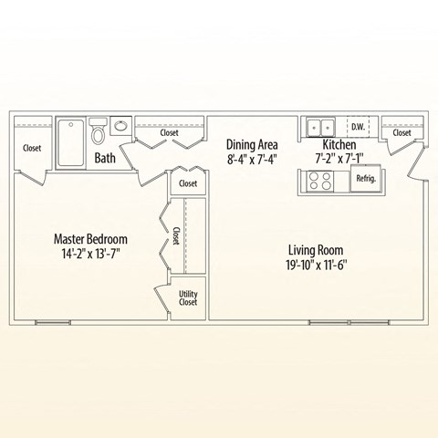 A floor plan of a small apartment with a master bedroom, living room, kitchen, and bath.