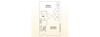 A drawing of a floor plan for a small apartment with a bedroom, living room, and kitchen.