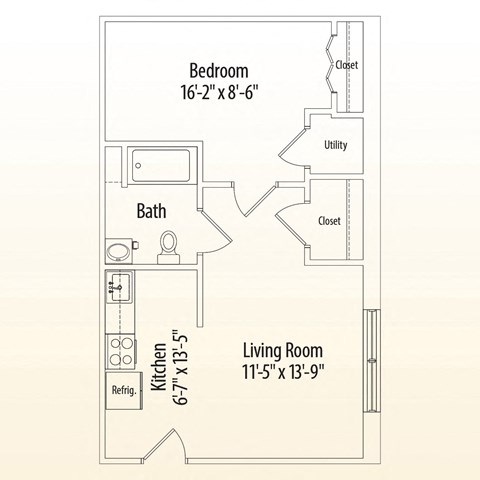 A drawing of a floor plan for a small apartment with a bedroom, living room, and kitchen.