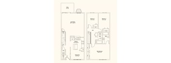 A floor plan of a house with a patio, great room, kitchen, dining area, and three bedrooms.