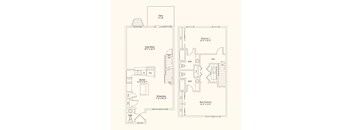A floor plan of a house with a kitchen, two bathrooms, and two bedrooms.