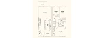A floor plan of a house with a patio, two bedrooms, a great room, a kitchen, a dining area, and two bathrooms.