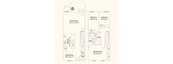 A floor plan of a home with a great room, two bedrooms, a pantry, a kitchen, a dining area, and two bathrooms.