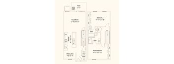 A floor plan of a house with a patio, two bedrooms, a great room, a kitchen, a dining area, and two bathrooms.