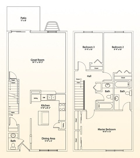A floor plan of a house with a kitchen, dining area, and multiple bedrooms.