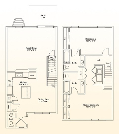 A floor plan of a house with a kitchen, two bathrooms, a dining area, and three bedrooms.