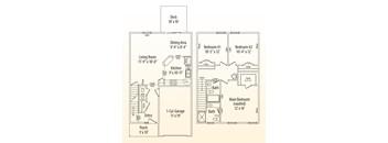 A floor plan of a house with a living room, kitchen, two bedrooms, a dining area, a deck, a 1-car garage, and a porch.