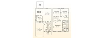 A floor plan of a house with a deck, dining area, living room, kitchen, 1-car garage, porch, and three bedrooms.