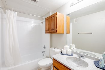 a bathroom with a toilet sink and shower - Photo Gallery 7