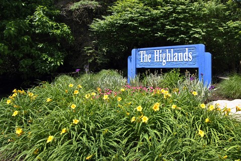 A blue sign that says "The Highlands" is surrounded by greenery and yellow flowers.