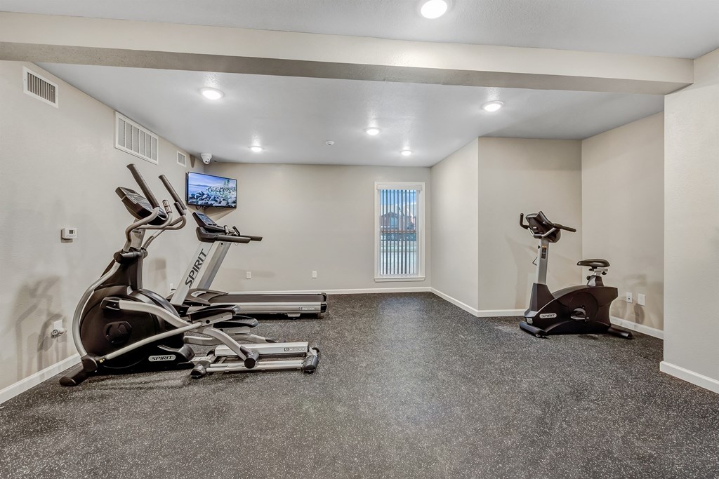 A spacious home gym with a television and exercise equipment.