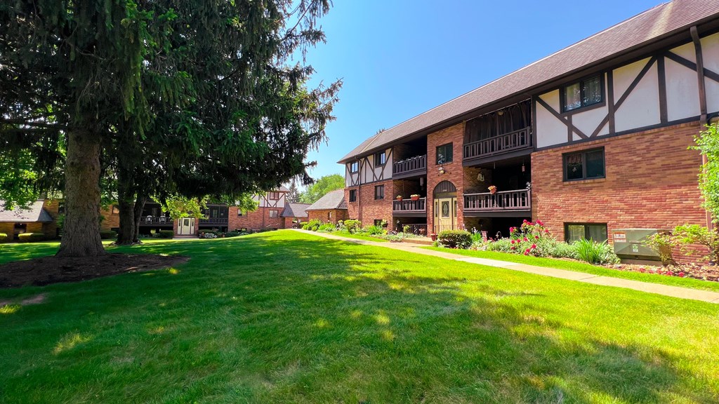 a large grassy area with a tree in front of a building