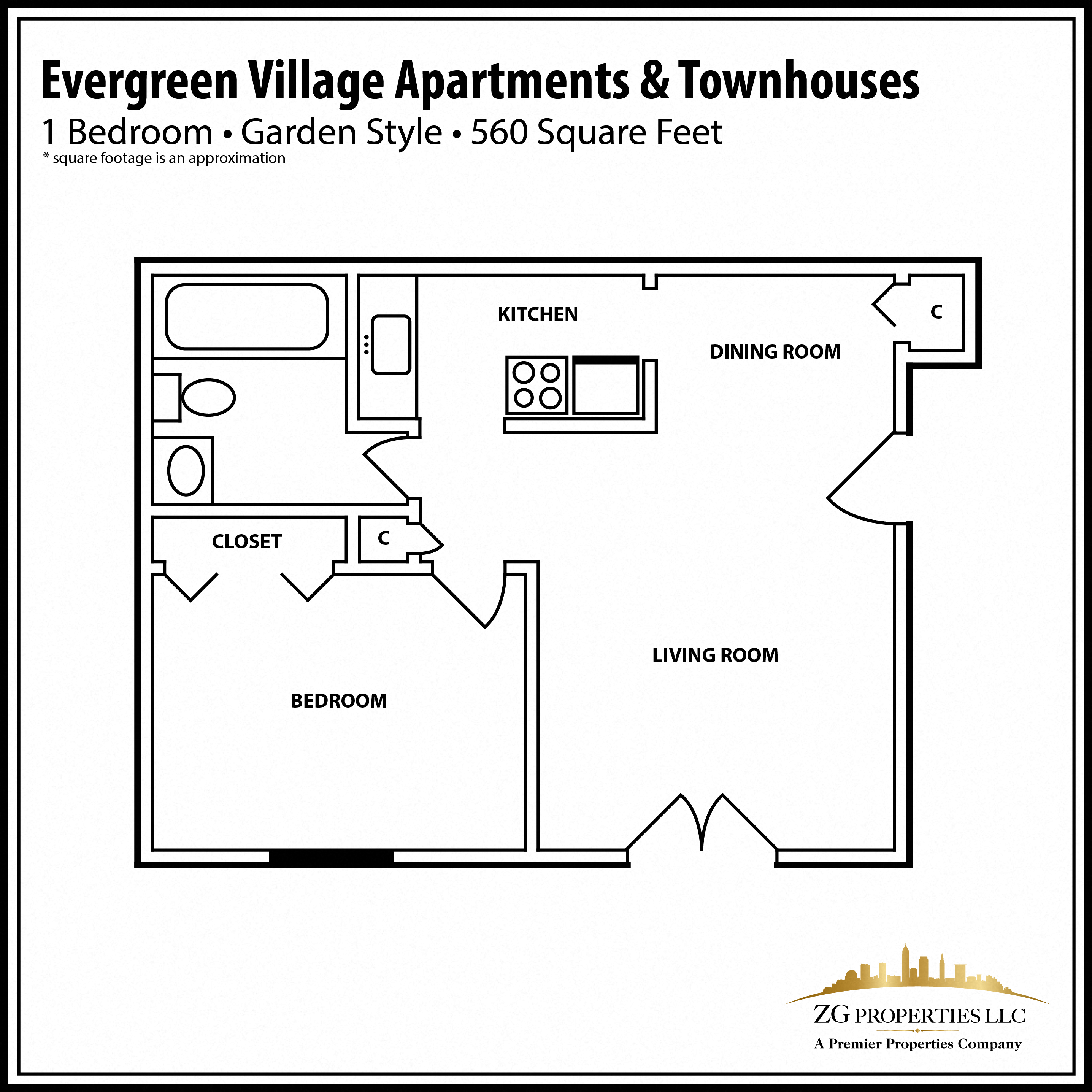1 Bedroom Garden Style Floor Plan at Evergreen Village Apartments & Townhouses, Ohio, 44035