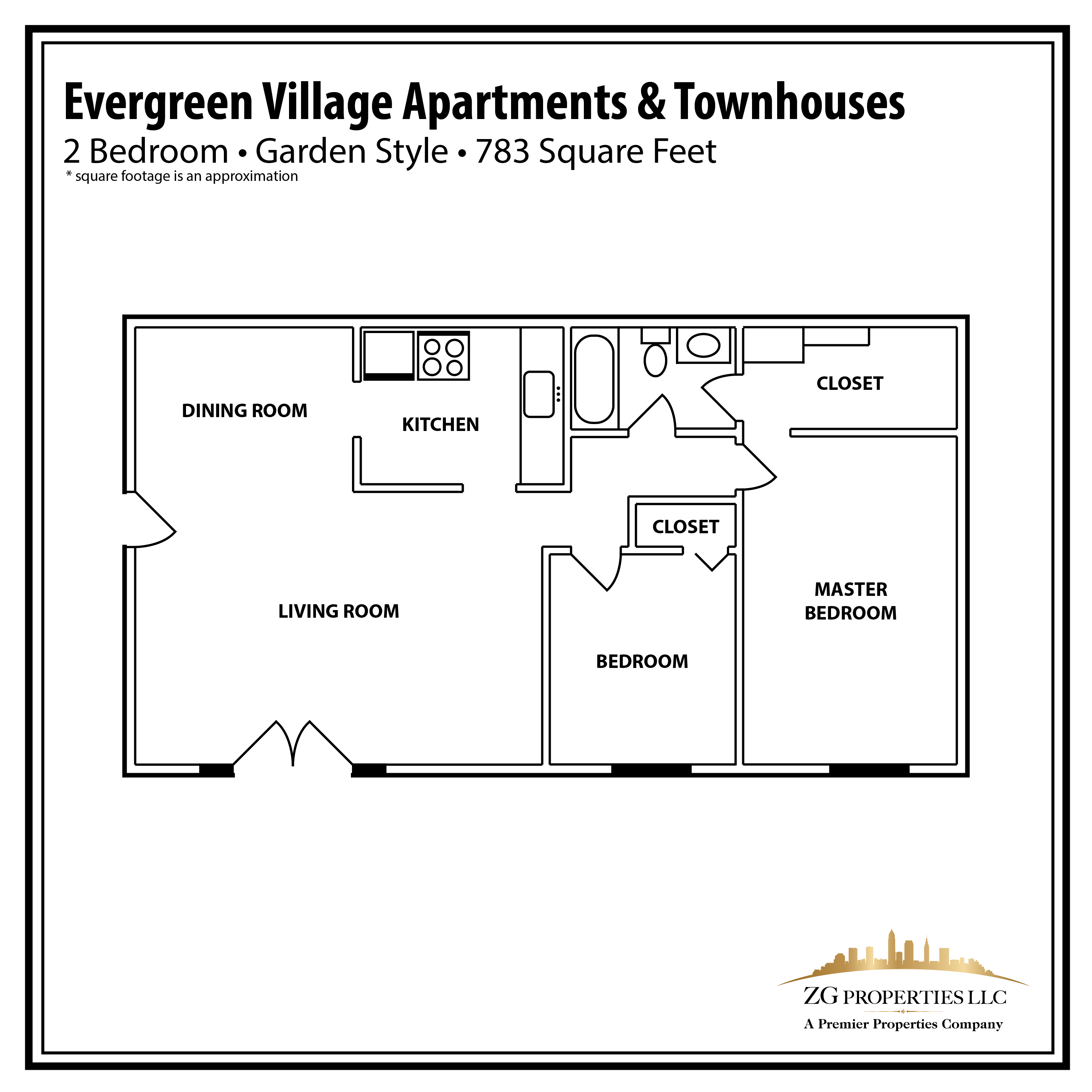2 Bedroom Garden Style Apartment Floor Plan at Evergreen Village Apartments & Townhouses, Elyria, OH