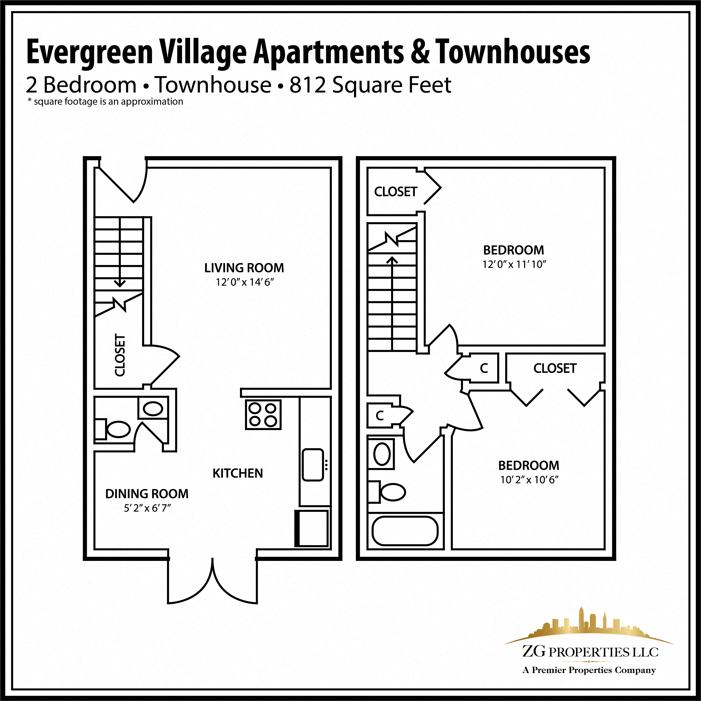 2 Bedroom Townhouse Floor Plan with Dining Area at Evergreen Village Apartments & Townhouses, Elyria, Ohio