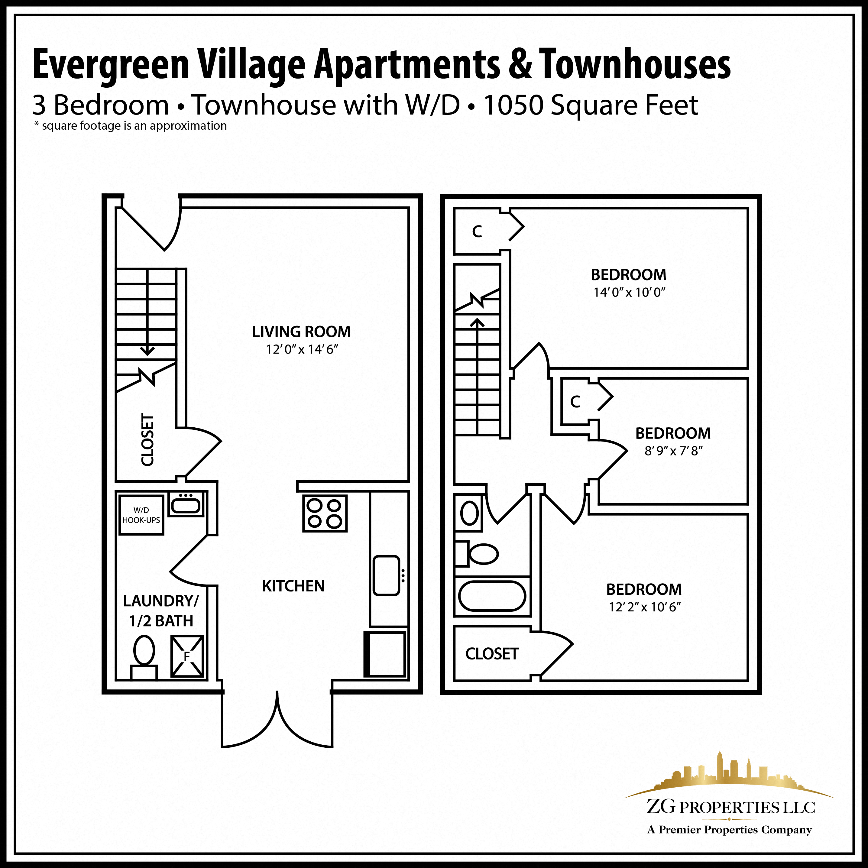3 Bedroom Townhouse Floor Plan with Washer/Dryer Hook-ups at Evergreen Village Apartments & Townhouses, Elyria, OH, Ohio, 44035