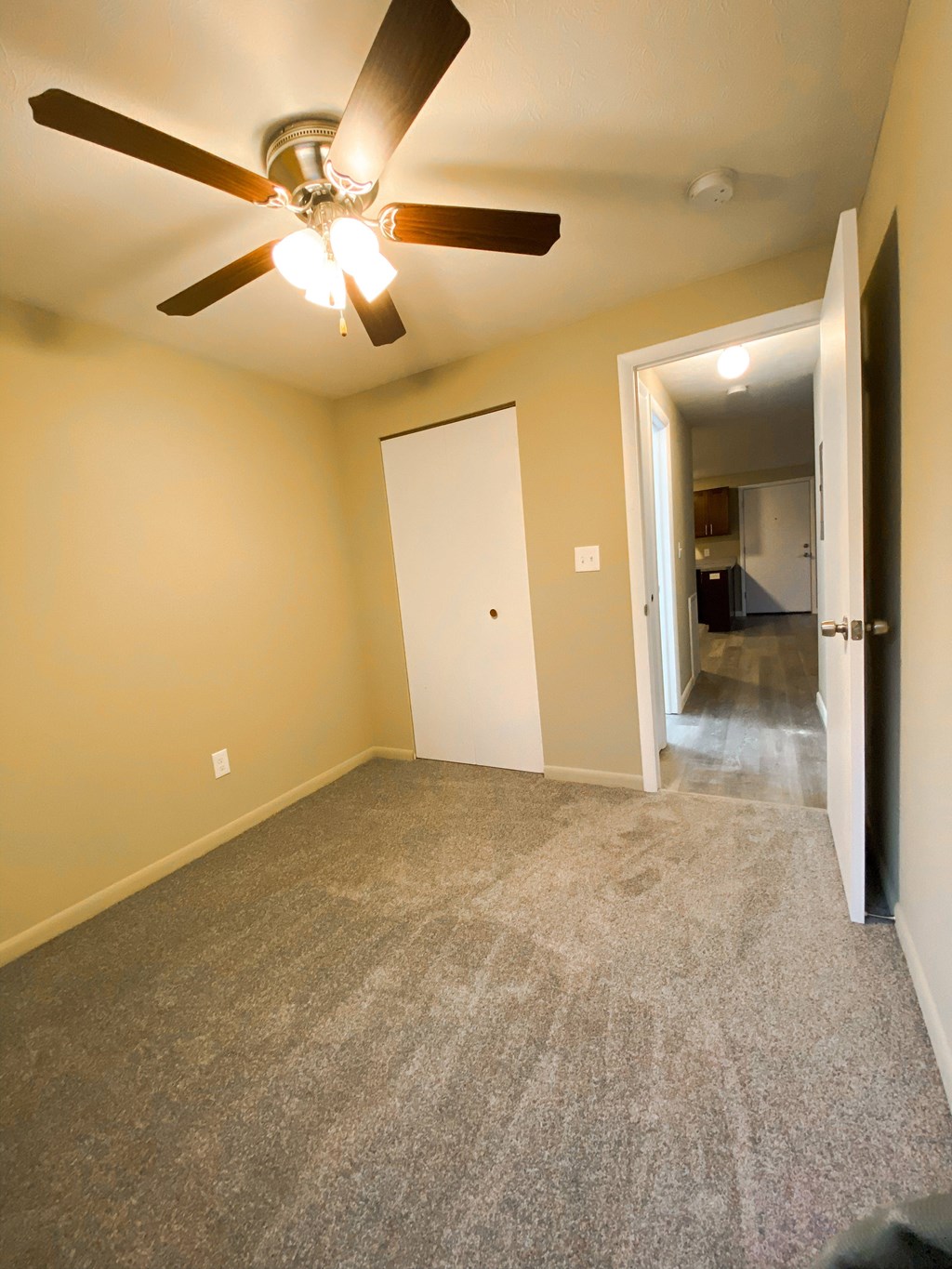 a bedroom with a ceiling fan and a carpeted floor