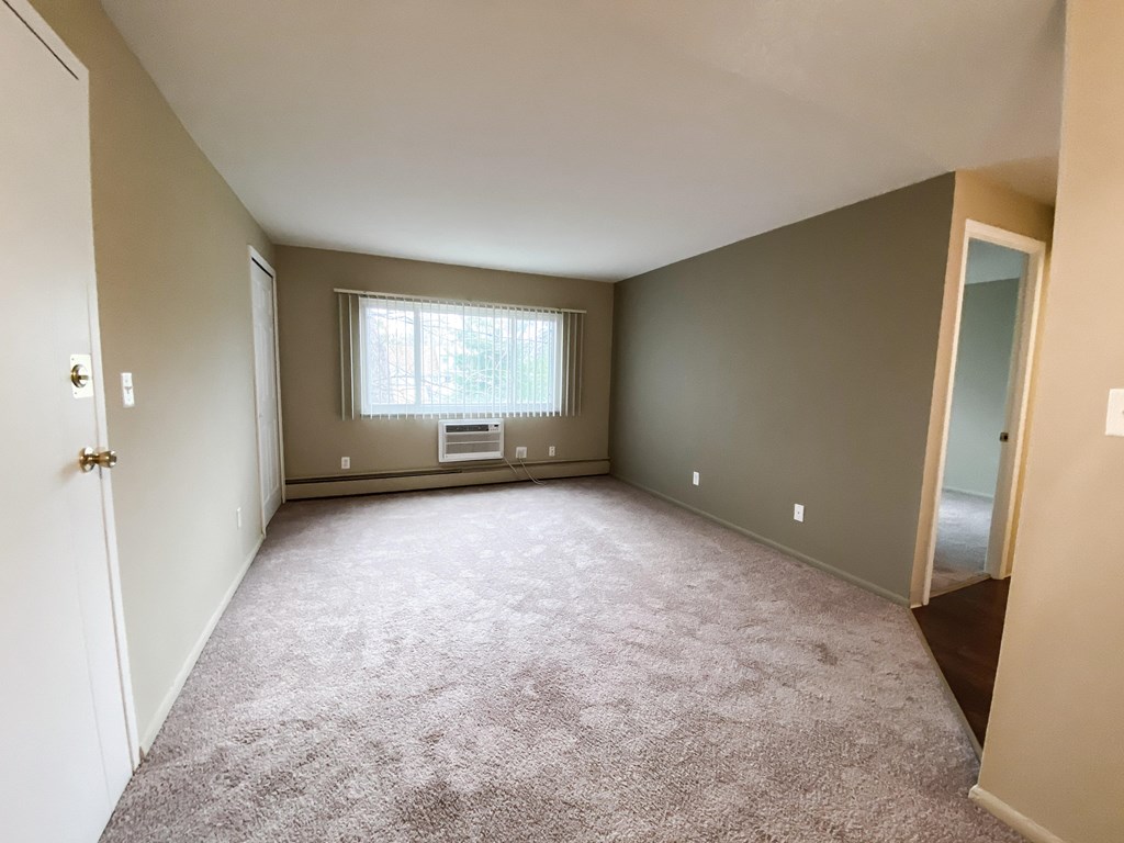 an empty living room with carpet and a window