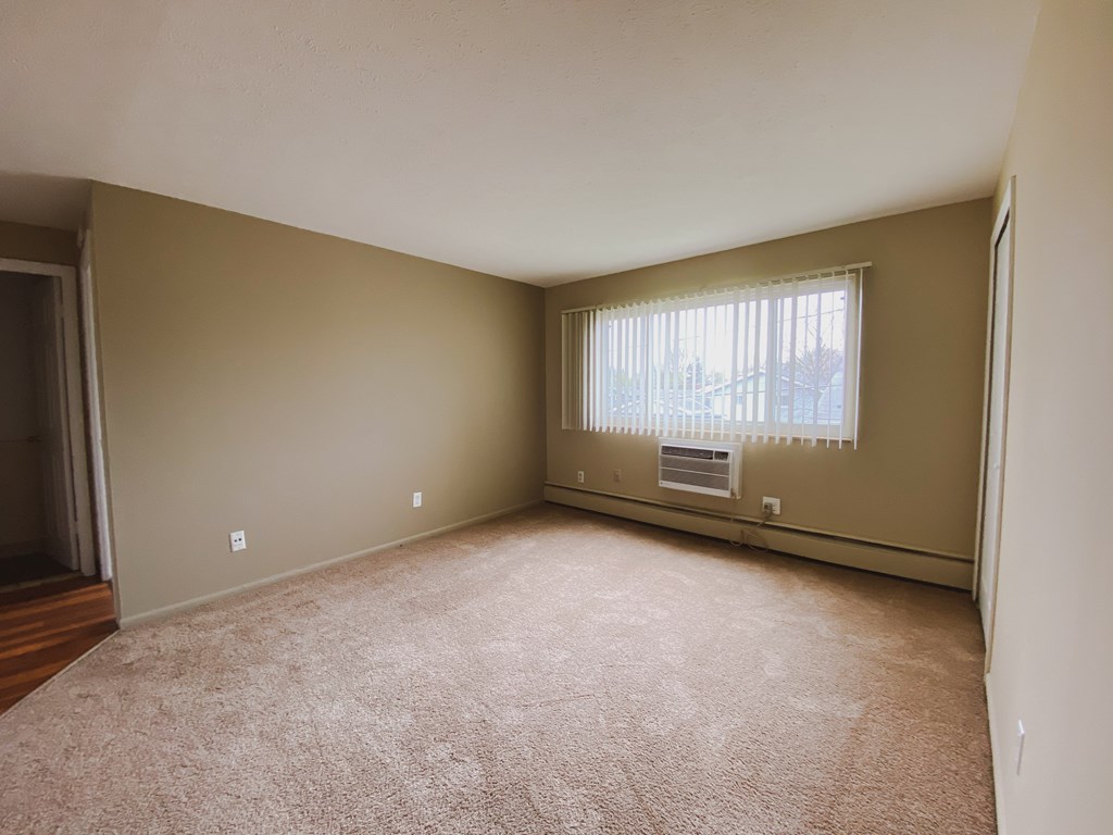 an empty living room with carpet and a window