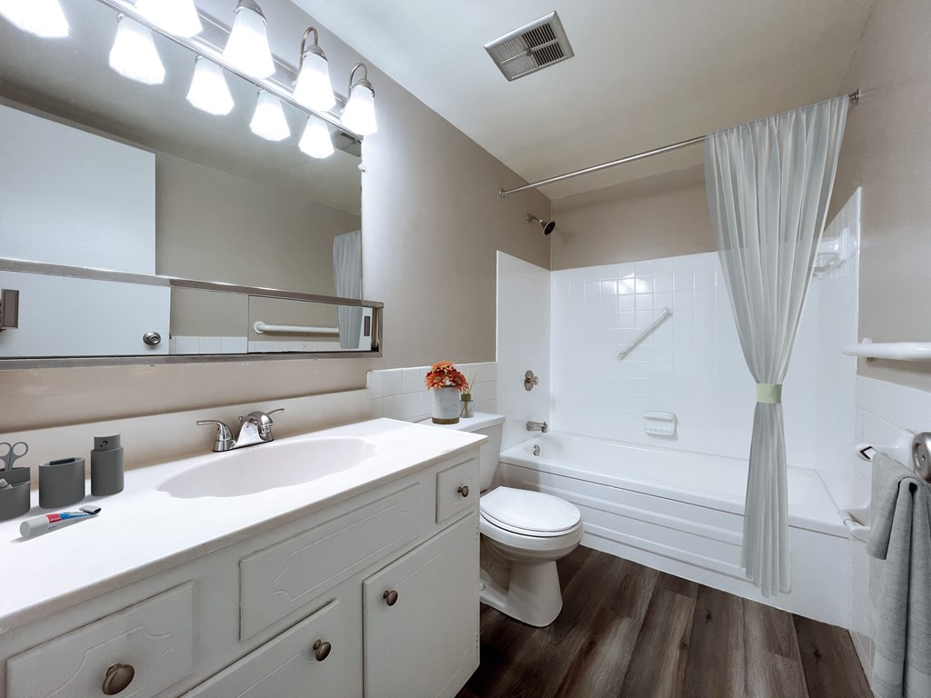 a bathroom with a shower, toilet, and a sink