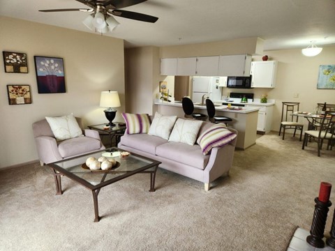 A living room with a grey couch and a glass coffee table.